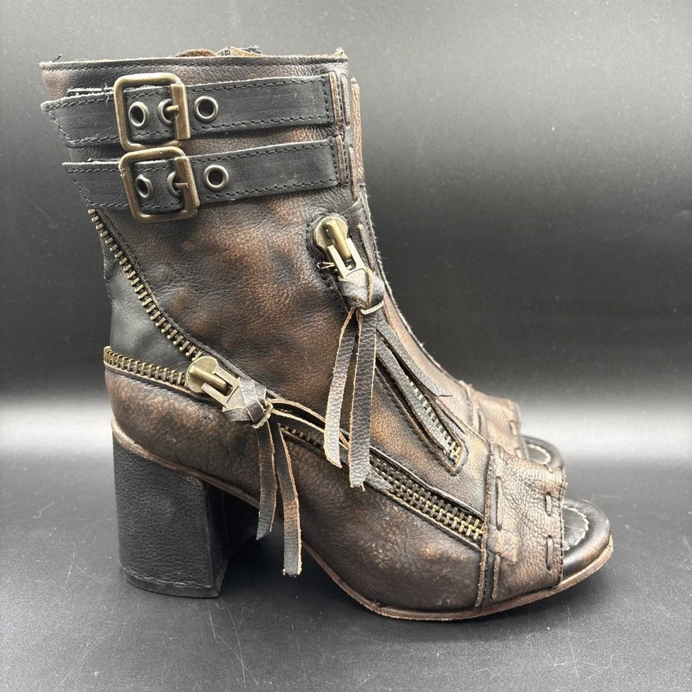 Freebird Zombi Leather Ankle Bootie Women's 8 Brown Zip Buckle Fringe Round Toe